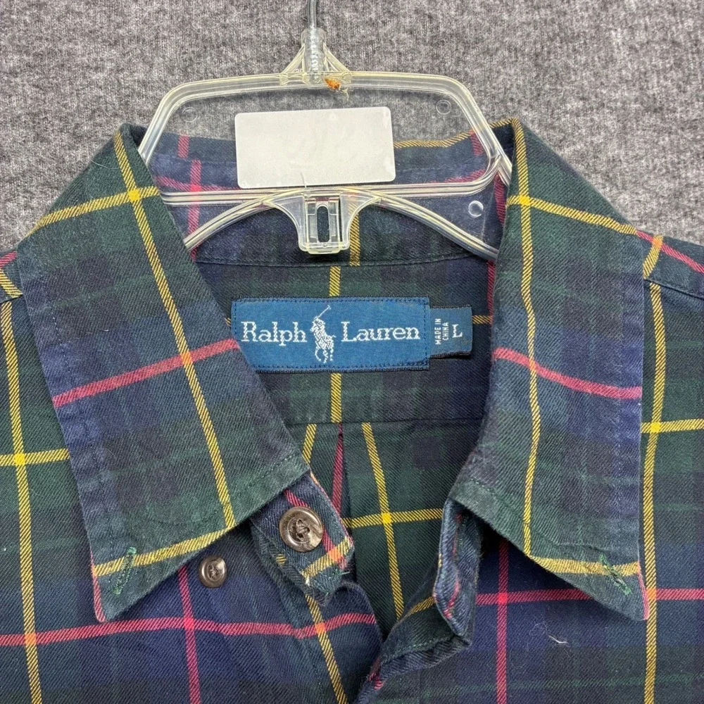 Polo Ralph Lauren Mens Large Plaid Button Down Shirt Pockets Navy Green Yellow L